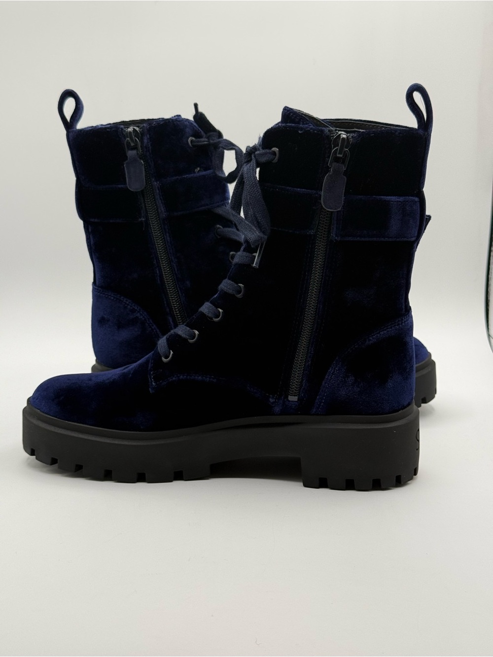 Stuart Weitzman June Velvet Combat Boots Navy Blue Chunky Lug Sole Buckle - Picture 15 of 17